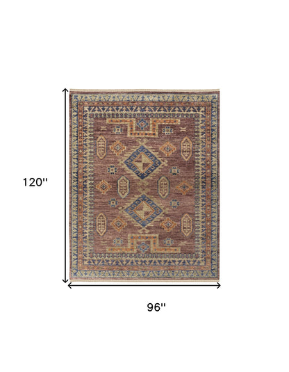 8 x 10 Blue Red & Tan Wool Geometric Hand Knotted Rug With Fringe