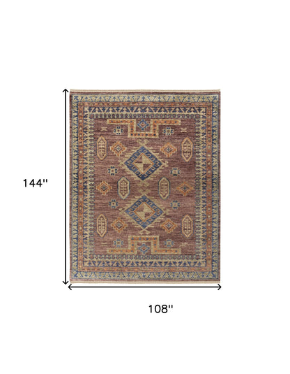 9 x 12 Blue Red & Tan Wool Geometric Hand Knotted Rug With Fringe