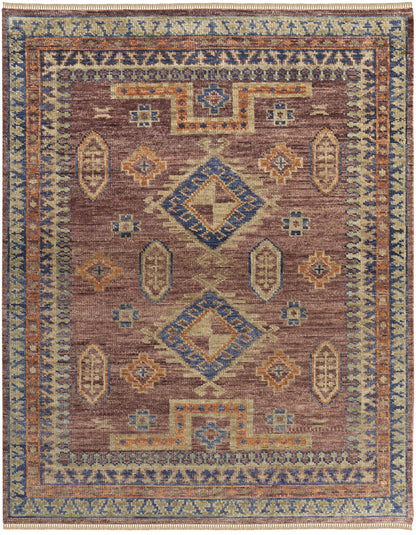 9 x 12 Blue Red & Tan Wool Geometric Hand Knotted Rug With Fringe