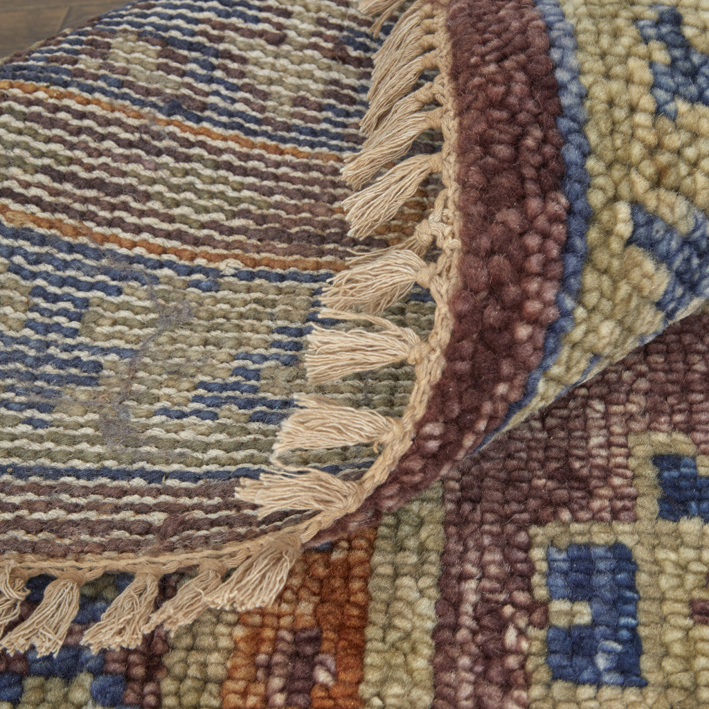 12 x 15 Blue Red & Tan Wool Geometric Hand Knotted Rug With Fringe