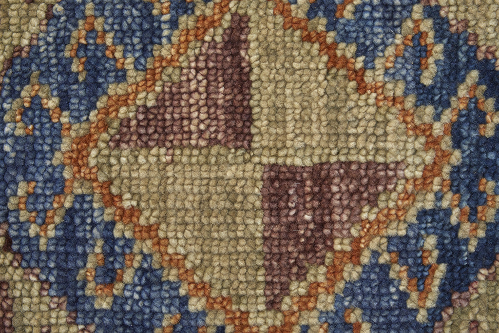 12 x 15 Blue Red & Tan Wool Geometric Hand Knotted Rug With Fringe