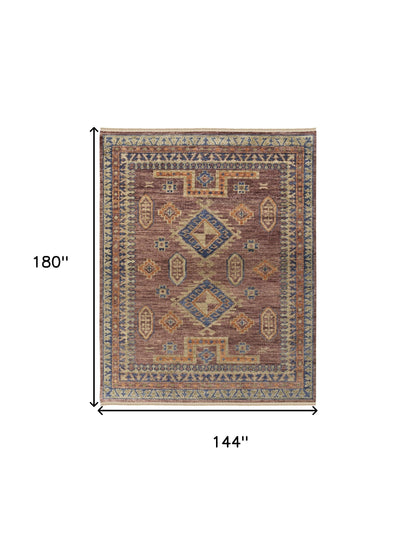 12 x 15 Blue Red & Tan Wool Geometric Hand Knotted Rug With Fringe