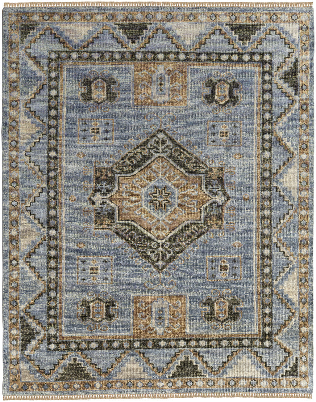 4 x 6 Ivory Tan & Blue Wool Oriental Hand Knotted Rug With Fringe