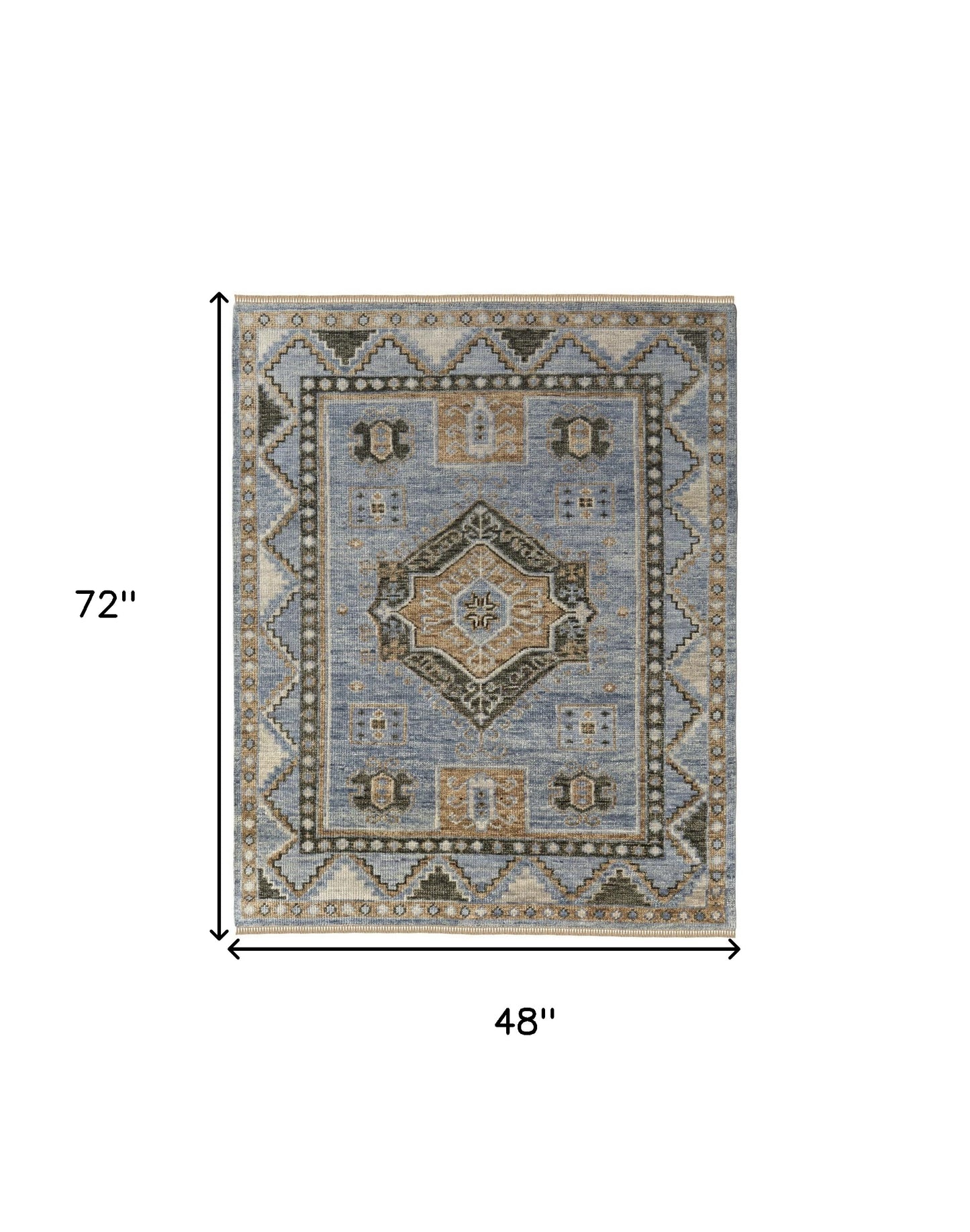 4 x 6 Ivory Tan & Blue Wool Oriental Hand Knotted Rug With Fringe