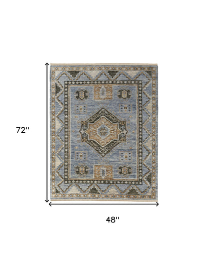 4 x 6 Ivory Tan & Blue Wool Oriental Hand Knotted Rug With Fringe