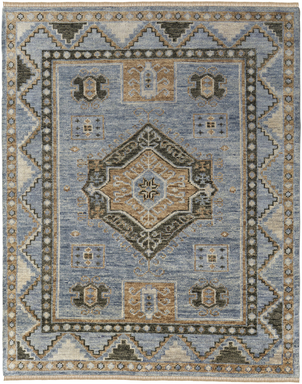 4 x 6 Ivory Tan & Blue Wool Oriental Hand Knotted Rug With Fringe