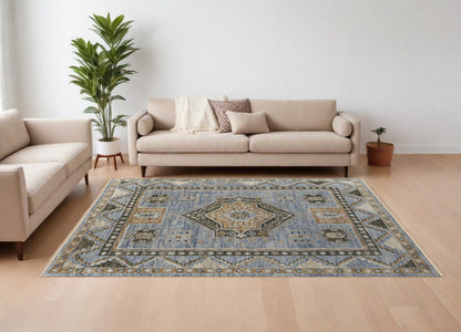8 x 10 Ivory Tan & Blue Wool Oriental Hand Knotted Rug With Fringe