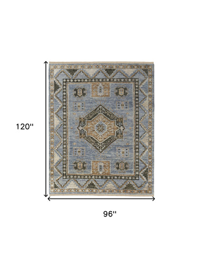8 x 10 Ivory Tan & Blue Wool Oriental Hand Knotted Rug With Fringe