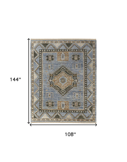 9 x 12 Ivory Tan & Blue Wool Oriental Hand Knotted Rug With Fringe