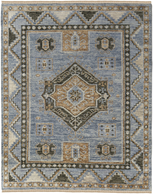 9 x 12 Ivory Tan & Blue Wool Oriental Hand Knotted Rug With Fringe