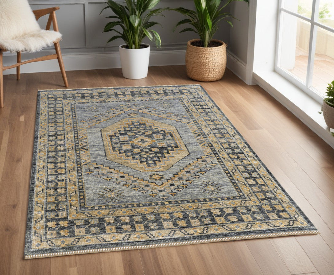4 x 6 Blue Gray & Tan Wool Oriental Hand Knotted Rug With Fringe