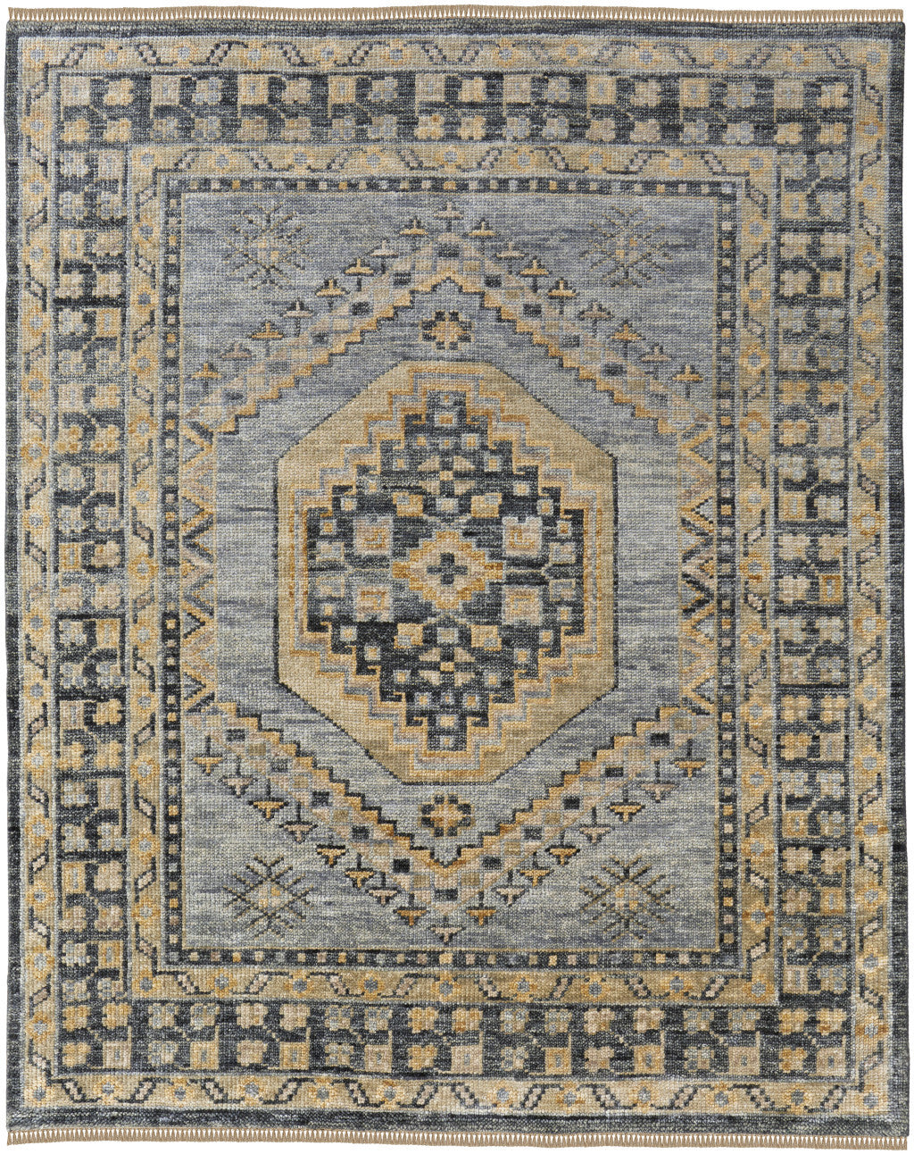4 x 6 Blue Gray & Tan Wool Oriental Hand Knotted Rug With Fringe