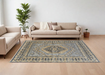 8 x 10 Blue Gray & Tan Wool Oriental Hand Knotted Rug With Fringe
