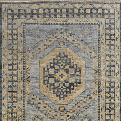 8 x 10 Blue Gray & Tan Wool Oriental Hand Knotted Rug With Fringe