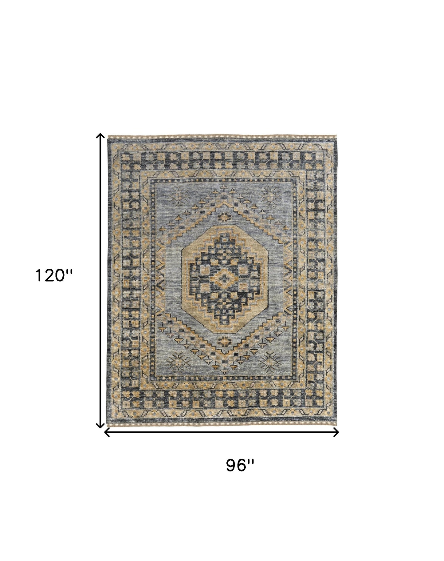 8 x 10 Blue Gray & Tan Wool Oriental Hand Knotted Rug With Fringe