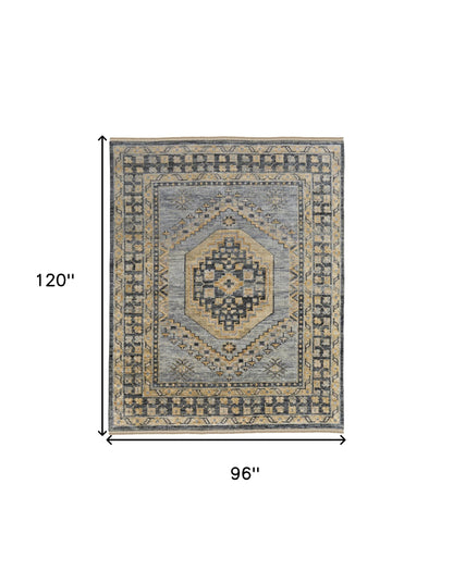 8 x 10 Blue Gray & Tan Wool Oriental Hand Knotted Rug With Fringe