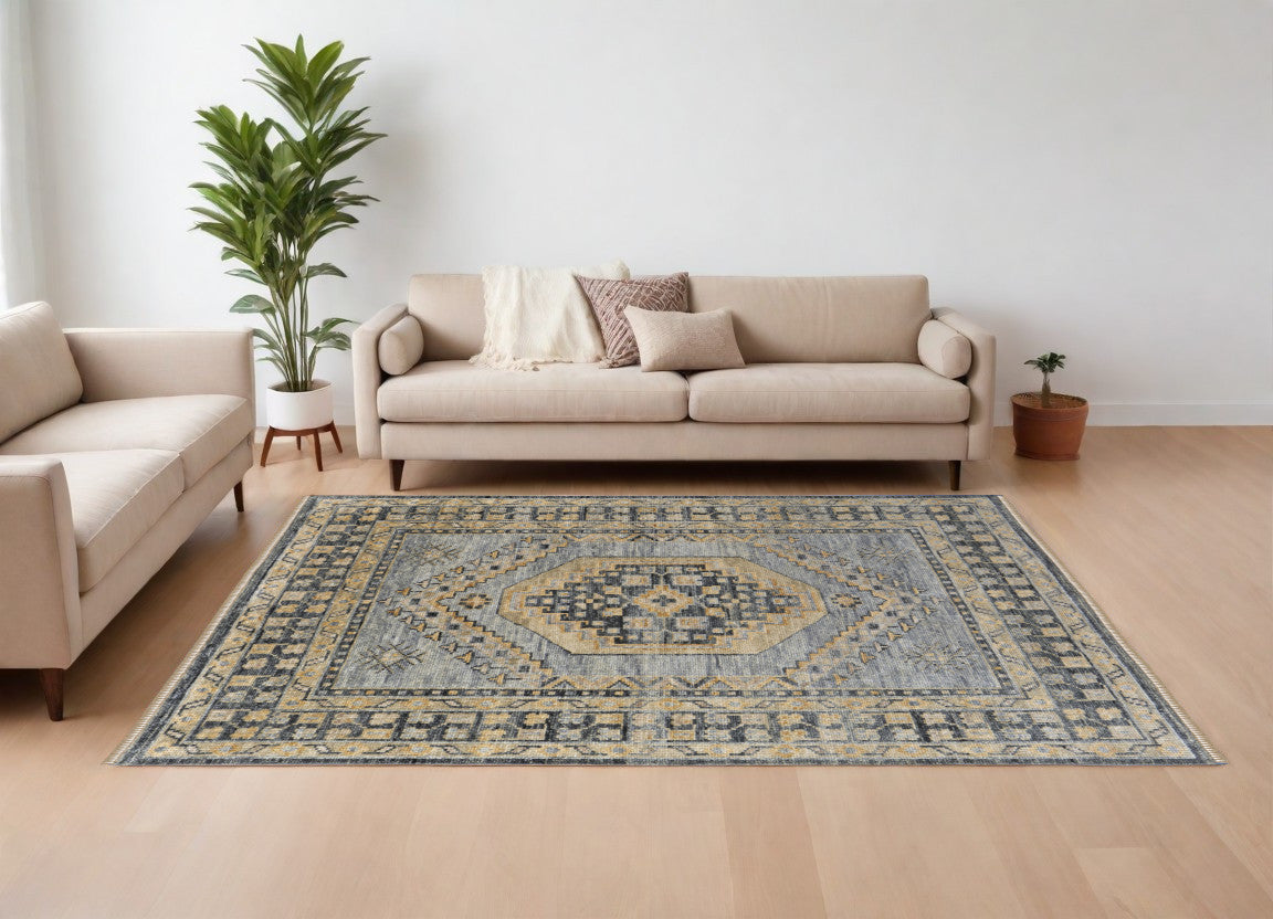 9 x 12 Blue Gray & Tan Wool Oriental Hand Knotted Rug With Fringe
