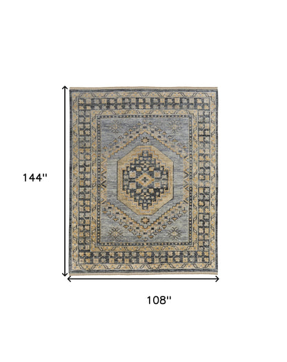 9 x 12 Blue Gray & Tan Wool Oriental Hand Knotted Rug With Fringe