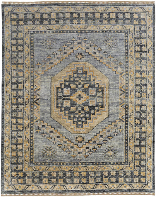 9 x 12 Blue Gray & Tan Wool Oriental Hand Knotted Rug With Fringe