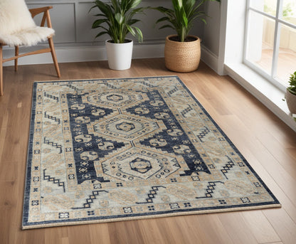 4 x 6 Blue & Ivory Wool Geometric Hand Knotted Rug With Fringe