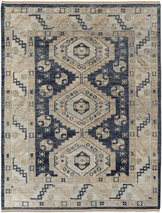 4 x 6 Blue & Ivory Wool Geometric Hand Knotted Rug With Fringe