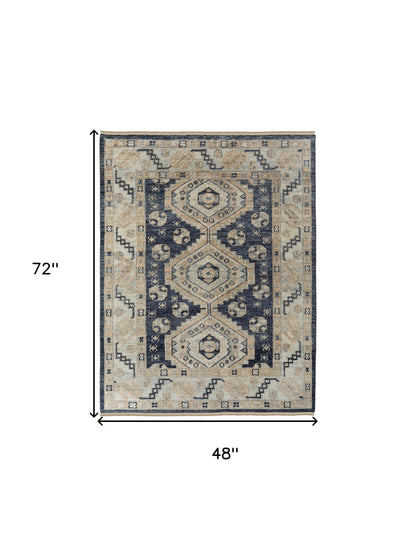 4 x 6 Blue & Ivory Wool Geometric Hand Knotted Rug With Fringe