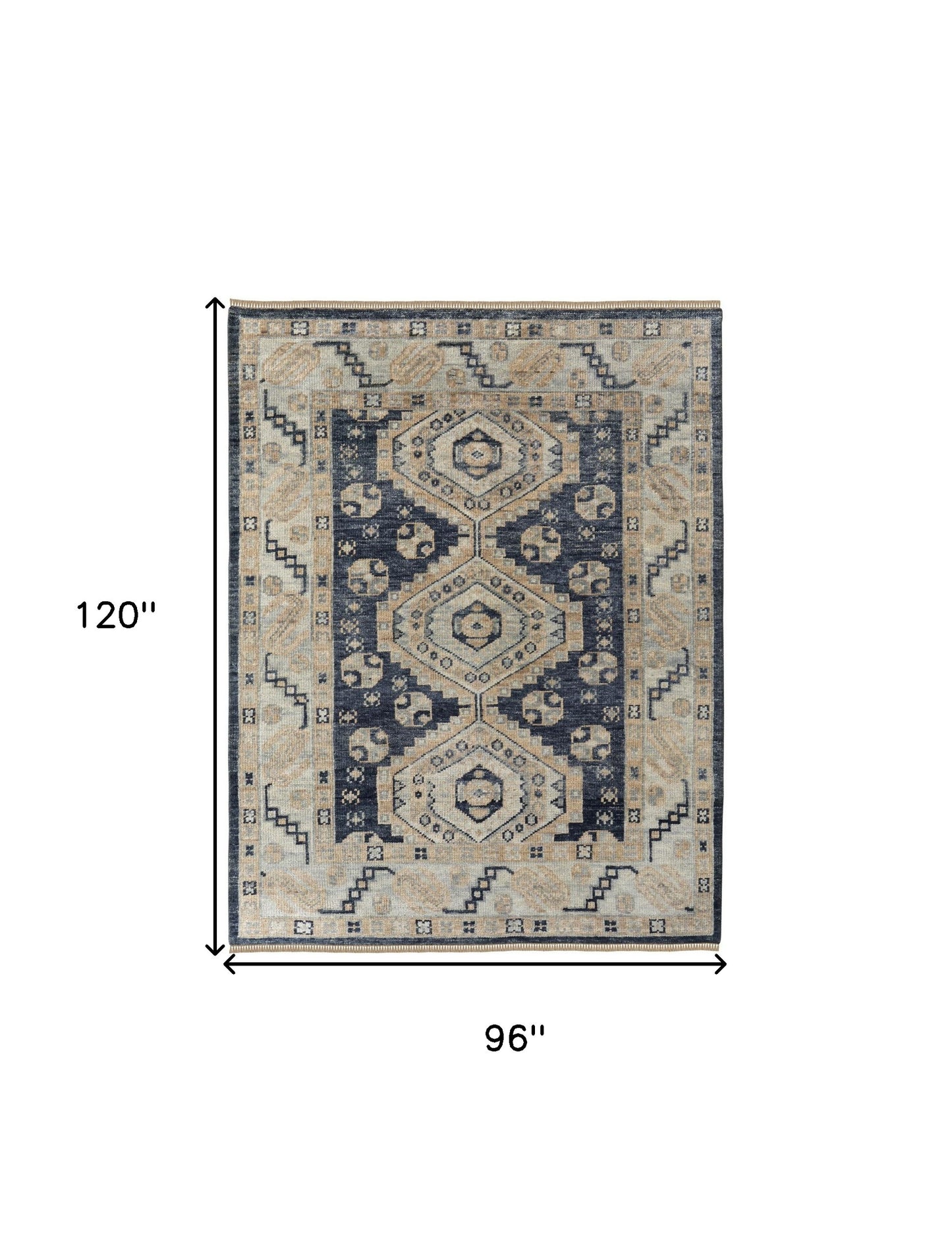 8 x 10 Blue & Ivory Wool Geometric Hand Knotted Rug With Fringe
