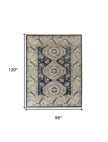 8 x 10 Blue & Ivory Wool Geometric Hand Knotted Rug With Fringe