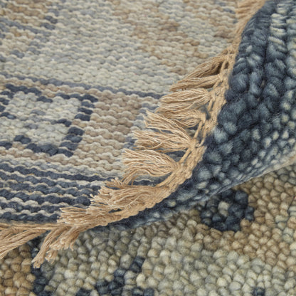 9 x 12 Blue & Ivory Wool Geometric Hand Knotted Rug With Fringe