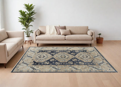 9 x 12 Blue & Ivory Wool Geometric Hand Knotted Rug With Fringe