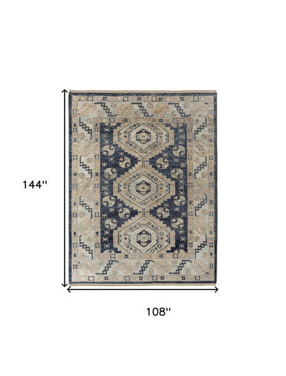 9 x 12 Blue & Ivory Wool Geometric Hand Knotted Rug With Fringe