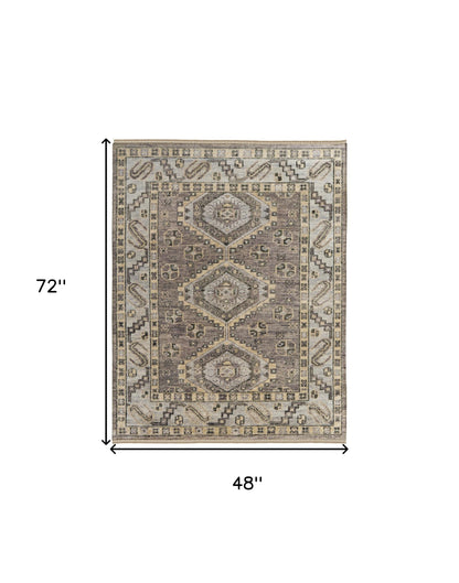4 x 6 Gray & Brown Wool Geometric Hand Knotted Rug With Fringe