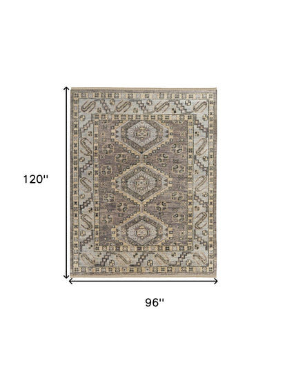 8 x 10 Gray & Brown Wool Geometric Hand Knotted Rug With Fringe