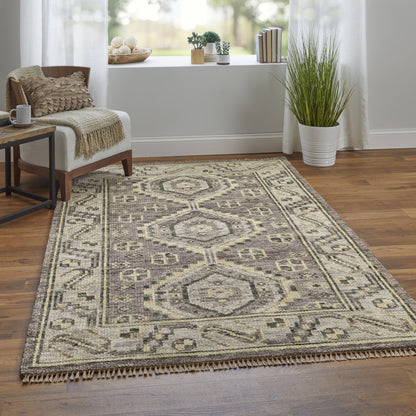9 x 12 Gray & Brown Wool Geometric Hand Knotted Rug With Fringe