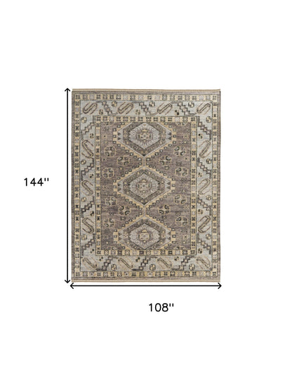 9 x 12 Gray & Brown Wool Geometric Hand Knotted Rug With Fringe