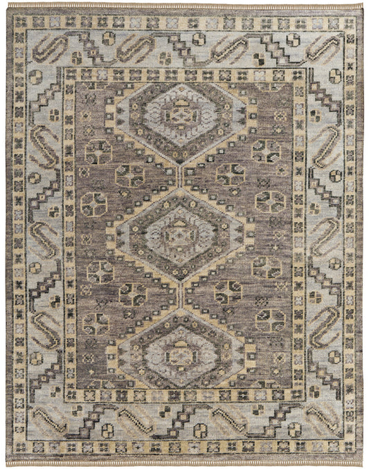 9 x 12 Gray & Brown Wool Geometric Hand Knotted Rug With Fringe