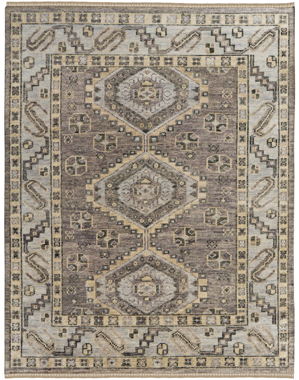 9 x 12 Gray & Brown Wool Geometric Hand Knotted Rug With Fringe