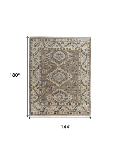 12 x 15 Gray & Brown Wool Geometric Hand Knotted Rug With Fringe