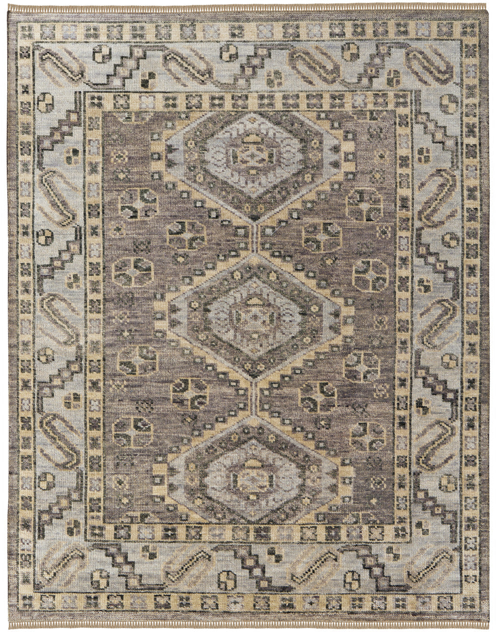 12 x 15 Gray & Brown Wool Geometric Hand Knotted Rug With Fringe