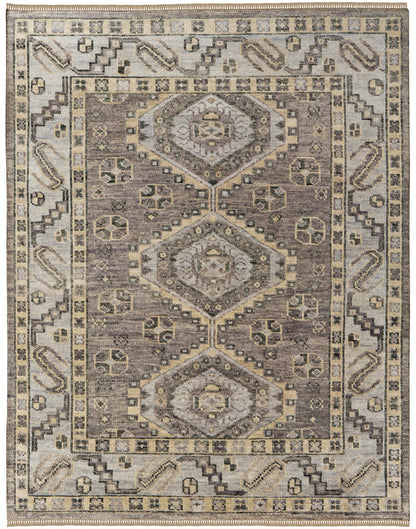 12 x 15 Gray & Brown Wool Geometric Hand Knotted Rug With Fringe