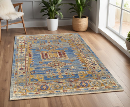 4 x 6 Blue Red & Yellow Wool Geometric Hand Knotted Rug With Fringe