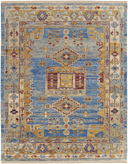 4 x 6 Blue Red & Yellow Wool Geometric Hand Knotted Rug With Fringe