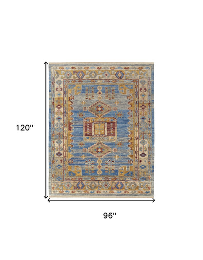 8 x 10 Blue Red & Yellow Wool Geometric Hand Knotted Rug With Fringe