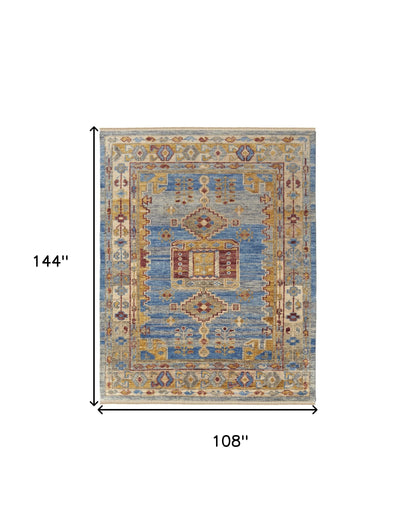 9 x 12 Blue Red & Yellow Wool Geometric Hand Knotted Rug With Fringe