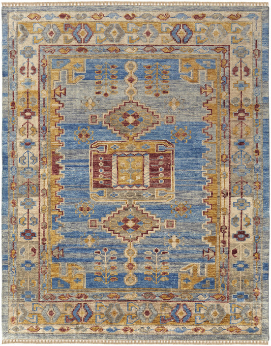 9 x 12 Blue Red & Yellow Wool Geometric Hand Knotted Rug With Fringe