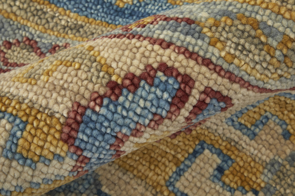 12 x 15 Blue Red & Yellow Wool Geometric Hand Knotted Rug With Fringe