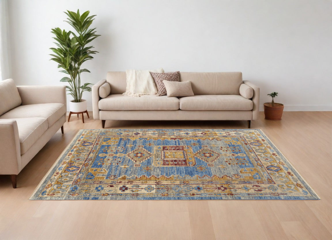 12 x 15 Blue Red & Yellow Wool Geometric Hand Knotted Rug With Fringe