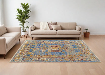 12 x 15 Blue Red & Yellow Wool Geometric Hand Knotted Rug With Fringe