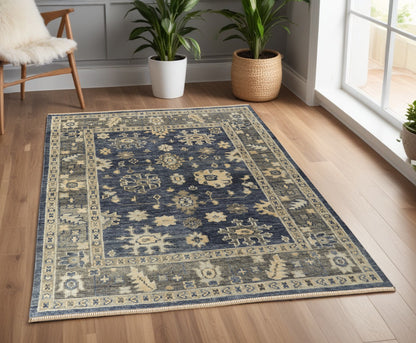 4 x 6 Blue & Gray Wool Floral Hand Knotted Rug With Fringe