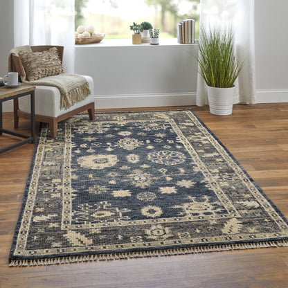 4 x 6 Blue & Gray Wool Floral Hand Knotted Rug With Fringe